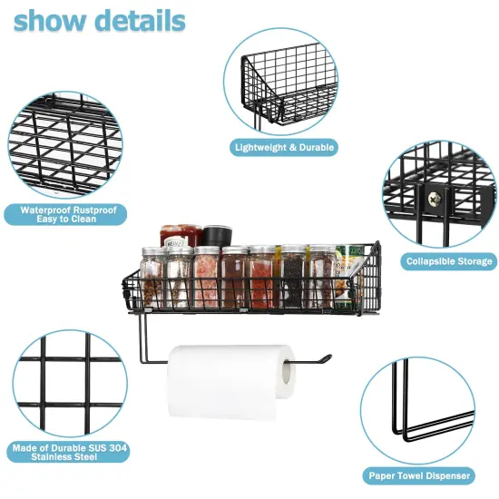 2PCS Black Multi-Functional Wall-Mounted Metal Basket Organizer with Foldable Paper Towel Holder &ndash; Space-Saving Storage Shelf for Kitchen, Bathroom, Bedroom & Hallway {3}