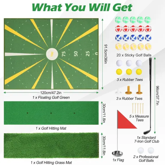 5x4ft Golf Hitting Mat & Floating Golf Green (1.5x1.2m) - Premium Practice Turf for Indoor/Outdoor, Pool, Backyard with 7-Iron Club, Balls, Tees - Perfect Gift for Men/Dad/Golf Lovers {2}