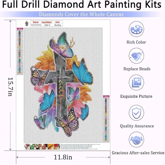 Diamond Painting Kits for Adults, DIY Diamond Art Kits Full Drill Diamond Dots, Cross Butterfly 5D Diamond Art Accessories for Beginner, Gem Art for Home Wall Decor (12 x 16in) {2}