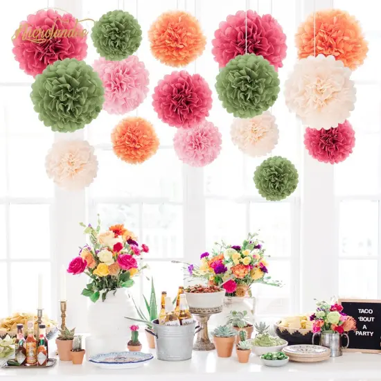 Wedding Party Decorations - 16Pcs Pink, Sage Green, Ivory Tissue Paper Pom Poms for Birthday, Engagement, Baby/Bridal Shower, Anniversary, Pastel Party, Festival Decorations {4}