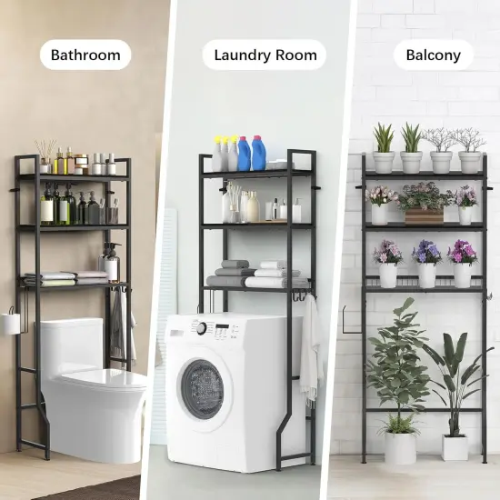 3-Tier Over-The-Toilet Storage Organizer | 30lb/Shelf Heavy-Duty Wooden Bathroom Rack with Anti-Tip Kit & 4 Hooks | 63.6" Freestanding Space-Saver for Laundry Room, Restroom (Black) {4}