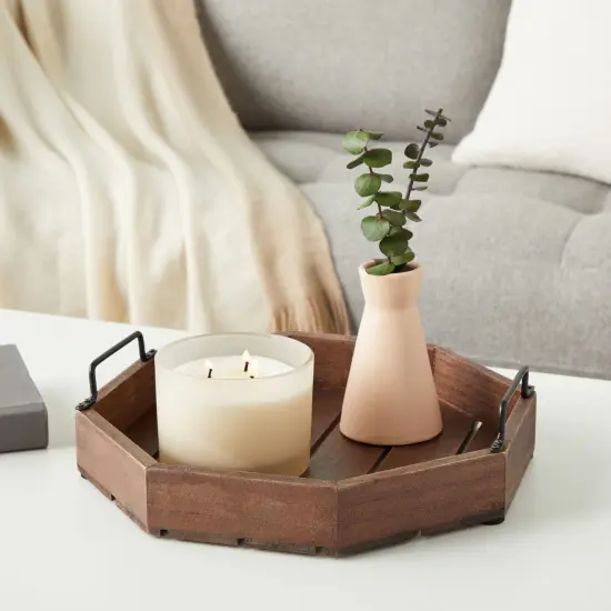 Farmlyn Creek Decorative Rustic Wooden Serving Tray with Metal Handles for Candles, Coffee Table, Farmhouse Home Decor (11.75 x 11.75 x 2.75 In) Brown {2}