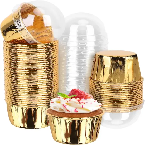 Gold Cupcake Cups with Lids,3.5 oz 50pcs Disposable Aluminum Foil Muffin Liners, Oven-safe Mini Baking Cups, Muffin Cups Ramekin Containers Holder for Wedding Birthday Party Picnic {1}