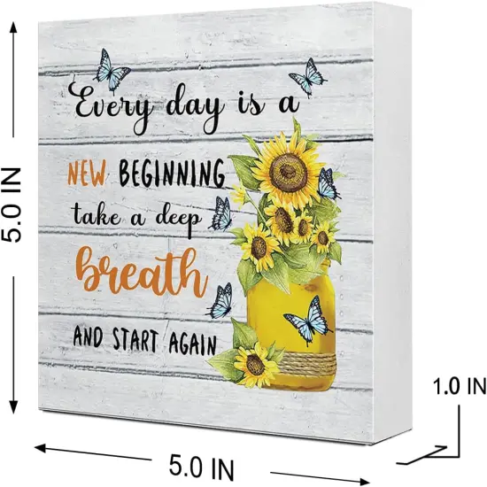 Everyday Is A New Beginning Farmhouse Sunflowers Wooden Sign Desk Decor,Inspirational Wood Block Sign Desk Decorations for Home Bedroom Dorm Office Desk Shelf Table Decor {3}