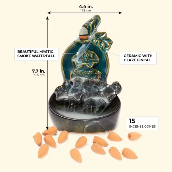 Ceramic Backflow Flower Waterflow Incense Burner with 15 Cones (4.4 x 7.7 Inches) Brown {3}