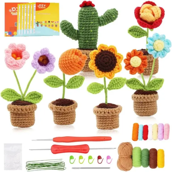 Beginner Crochet Kit for Adults | Crochet Plants Set of 6 Potted Plant Family | Crochet Kits for Starters | Crochet Flowers | Stitch-by-Stitch Video Tutorial | Gift for Kids (12+) {1}