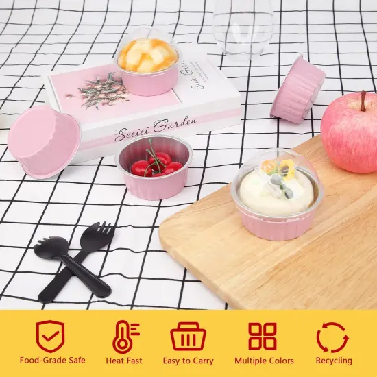 5oz Cupcake Pans with Dome Lids 100 Pack,LNYZQUS Aluminum Foil Small Cake Baking Tin,Disposable Ramekins Cupcake Baking Cups Containers,Mini Pie Pans Muffin Tins Jumbo Cupcake Liners-Pink {2}