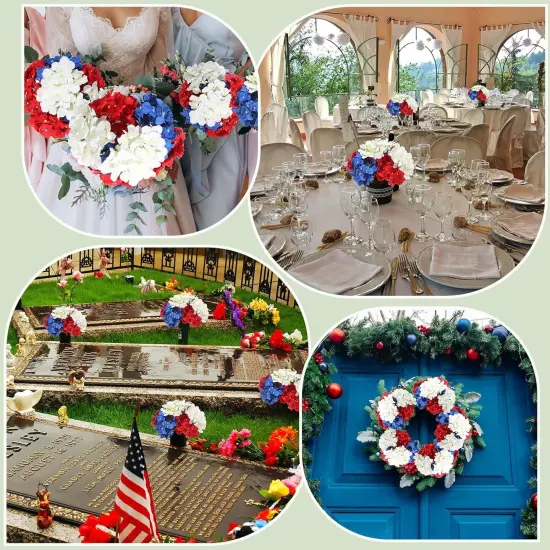 36 Pieces Hydrangea Flowers 4th of July Fake Full Hydrangea Flowers Patriotic Faux Artificial Hydrangea Flowers with Stems for Independence Memorial Day Home Kitchen Decor {4}