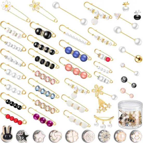 50 Pcs Charms for Socks with Storage Box Brooches and Pins for Women Pearl Brooches Decorative Safety Pin Jewelry Safety Pin for Clothing Dresses Decoration Accessories {1}