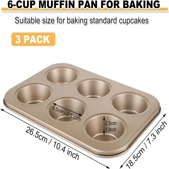 3 Pack Muffin Pan 6 Cups, Nonstick Cupcake Pan for Baking, Carbon Steel Muffin Tin Cupcake Baking Tray for Oven - Gold {2}