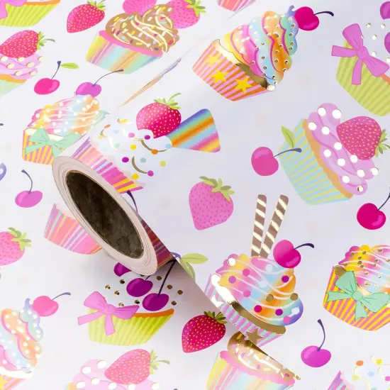 Foil Birthday Wrapping Paper - Mini Roll - 17 Inch x 16.5 Feet - Gold Foil Birthday Cupcakes Design for Kids Girls Birthday, Baby Shower, Bridal Shower, Wedding {1}