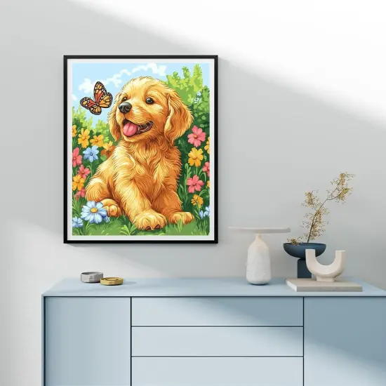 Paint by Numbers Kit for Adults Beginners, 16" Wx20 L Canvas Pictures Painting Acrylic Paintwork with 3 Pcs Paintbrushes, Dog Plays with Butterfly {4}