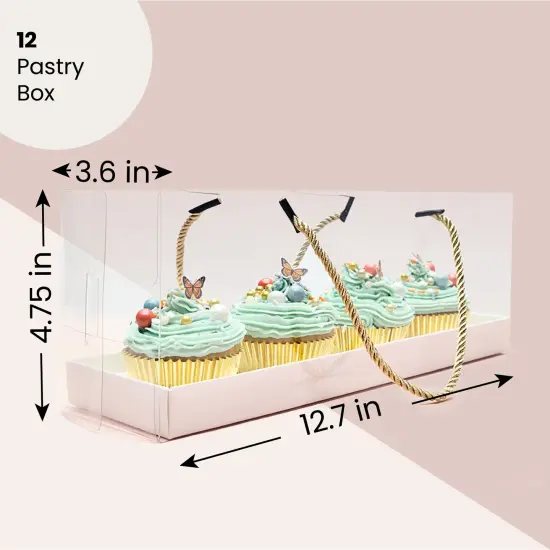 12 Pack Clear Cupcake Boxes with Gold Rope Handle and White Inserts, 4 Compartments (12.7 x 4.7 x 3.6 In) {2}