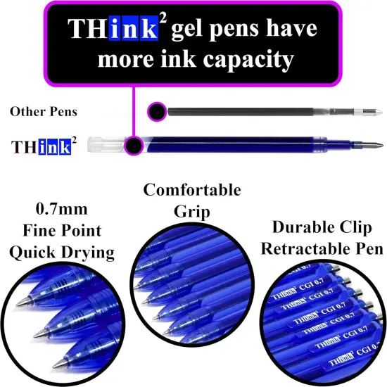 [24 Pens - Blue Ink] Think2 0.7mm CGI Retractable Gel Pens. (24 Blue) Medium Point Rollerball Pens with Smooth Quick Drying Ink. {3}