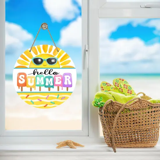 Hello Summer Sun Sunshine Front Door Sign, Popsicle Sunglasses Yellow Wood Door Hanger Outdoor Outside Porch Decor, Seasonal Wooden Wreath Indoor Wall Hanging Decoration {5}