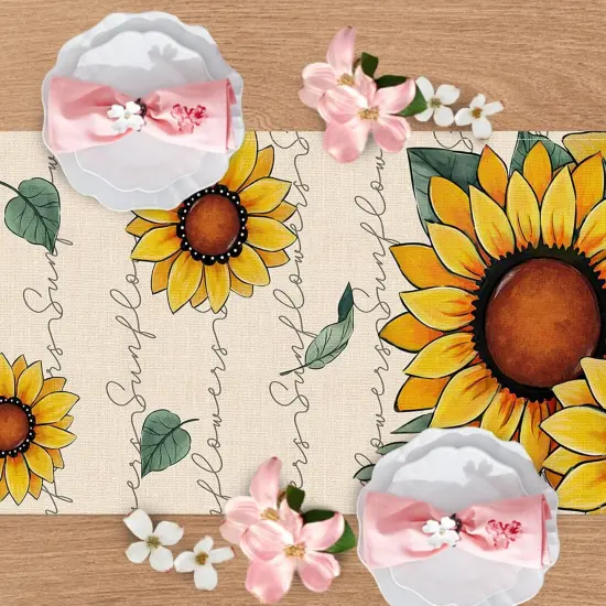 Spring Summer Sunflower Table Runner, Fall Autumn Floral Flower Kitchen Dining Table Decoration, Seasonal Burlap Indoor Outdoor Home Decor Party Supply 13 x 72 Inches {4}