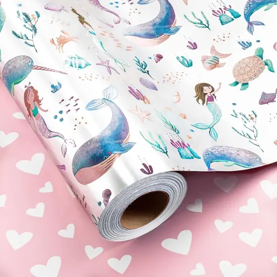 Reversible Mermaid Wrapping Paper Roll - Cute Metallic Foil Shine Mermaid & Pink Heart for Girl Birthday, Baby Shower - Mini Roll - 17 Inch x 33 Feet {1}