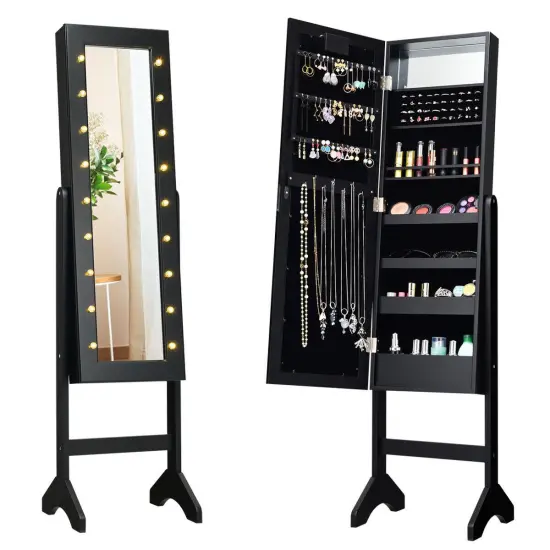 Freestanding Jewelry Organizer Cabinet Armoire with LED Lights and Full Length Mirror Brown {9}