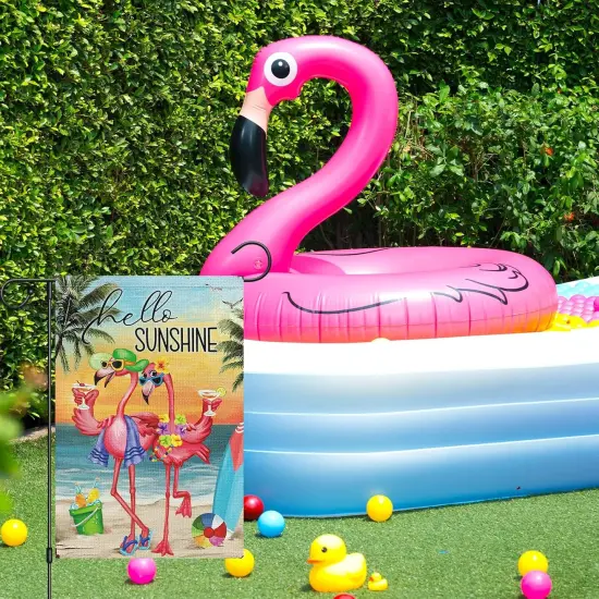 Hello Sunshine Summer Garden Flag Beach Flamingo Couple Welcome 12x18 Inch Double Sided Small Burlap Palm Tree Holiday Yard Outdoor Sign Outside Home House Decoration {3}