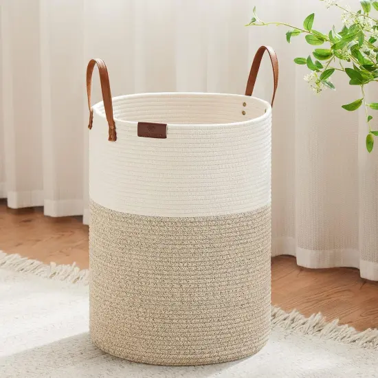 Tall Laundry Basket, Large Dirty Clothes Hamper with Leather Handle, Woven Rope Storage Basket for Blanket, Toy In Living Room, Bathroom, Bedroom {1}