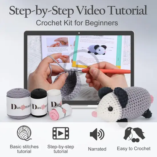 Crochet Kit for Beginners,Crochet Animal Kit with Step-by-Step Video Tutorials,Grey Crochet Possum,Easy Yarn Kits,Beginners Crochet Kit for Adults,Gifts for Women,Adults,Kids {5}