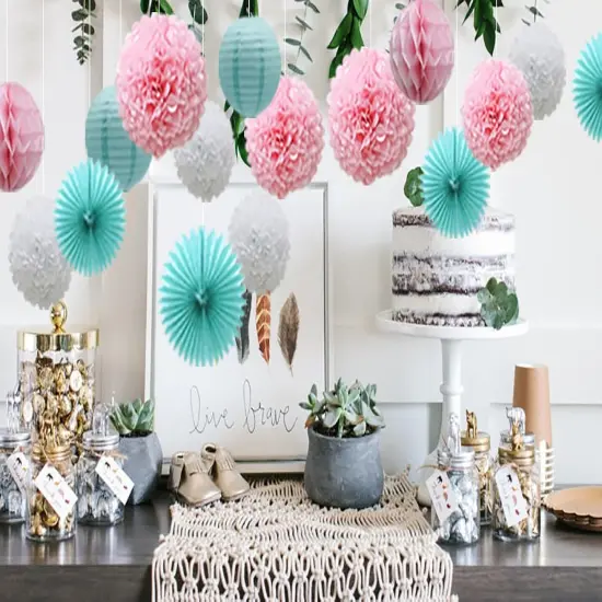 Teal Party Supplies for Bridal Baby Shower First Birthday Party Wedding Decorations (16pcs) Paper Honeycomb Ball Pom Poms Flowers Paper Lanterns Hanging Tissue Fan {5}