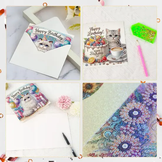 6pcs Diamond Painting Greeting Cards for Blessings and Wishes - Cat DIY Birthday card Special Shape Crystal Diamond Art Partial Mosaic Making Craft, Paper Material, Gift for Christmas Thanksgiving Day {4}