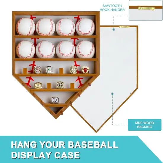 Baseball Balls Display Case with Championship Rings Medals Holder, Solid Wooden Wall Mount Baseball Box for Balls, Rings, Medals, Trophies Collection Brown {4}