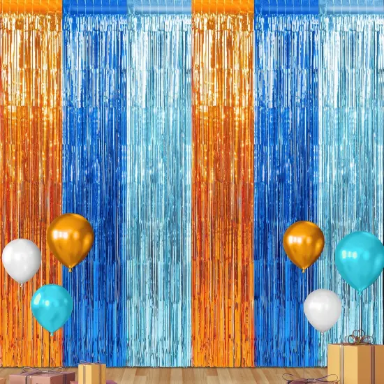 3 Pack 3.3X6.6Ft Blue Dog Foil Fringe Curtains Backdrop Decorations, Orange Blue and Light Blue Birthday Party Tinsel Metallic Streamers Photo Booth Background for Blue Dog Theme Party Supplies {2}