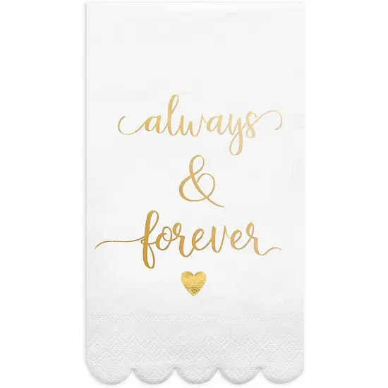 100 Pack White Napkins for Wedding Reception with Gold Foil Scalloped Edges, Always and Forever (3-Ply, 4 x 8 In) {6}