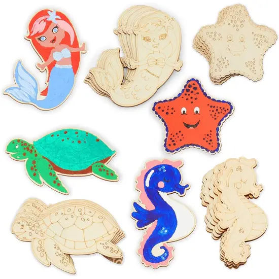 24 Pieces Unfinished Sea Creatures Wood Cutouts for Crafts, Wooden Ocean Animals (Turtle, Seahorse, Starfish, Mermaid) Brown {1}