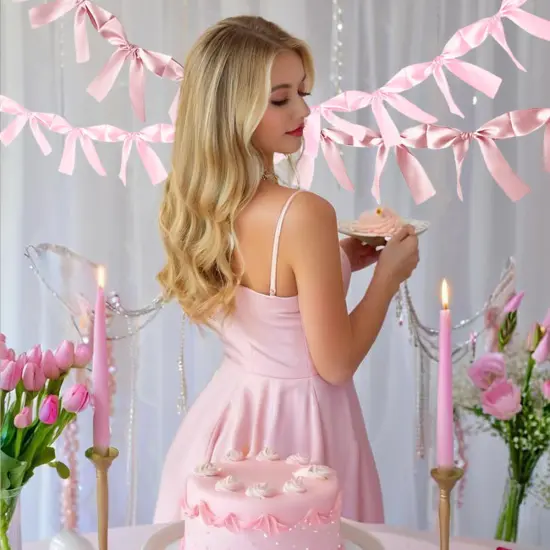 2Pcs Pink Bow Garland Banner for Coquette Birthday Bachelorette Party Decorations, 5.4FT Satin Bow Banner Decorations for Wedding Favors Bridal Shower Engagement Party Supplies Baptism Gift {2}