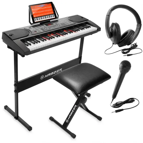 Hamzer 61 Key Keyboard Piano with Lighted Keys, Built-In Speakers, Stand, Bench, & Key Labels - Portable Electronic Musical Keyboard Set for Beginners {1}