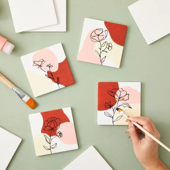 4 Inch Square Ceramic Tiles for Crafts with Cork Backing Pads, 12 Pack of Unglazed White DIY Coasters for Painting {2}