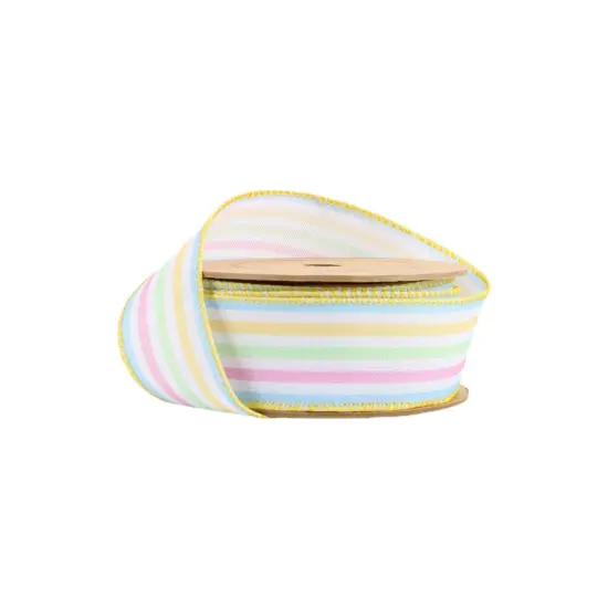 Wired Ribbon | White w/ Pastel Stripe | 10 Yard Roll {1}