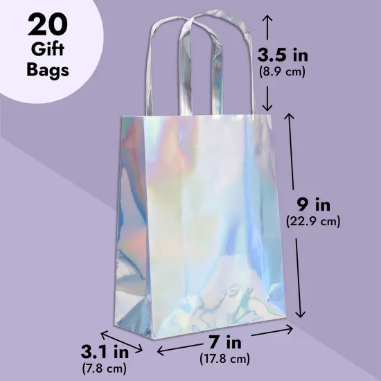 20 Pack Holographic Foil Paper Gift Bags with Handles, Reusable Iridescent Gift Bags for Baby Shower, Birthday, Wedding, Party Favors, Goodies, Boutique (7 x 9 x 3.1 In) Silver {4}