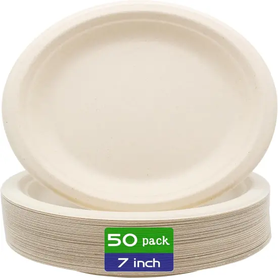 100% Compostable Disposable Paper Plates Heavy Duty Waterproof Plates-50 Pack 7 inch Eco-Friendly Plates, Natural Biodegradable Sugarca Bagasse Dinner Plates Unbleached Brown {1}