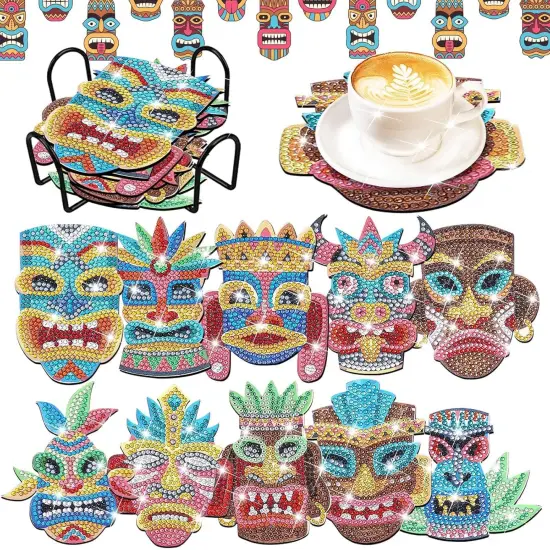 10 Pcs Summer Tiki Shaped Diamond Art Coasters Kits DIY Hawaii Diamond Dots Art Coasters with Holder Christmas Crafts {1}