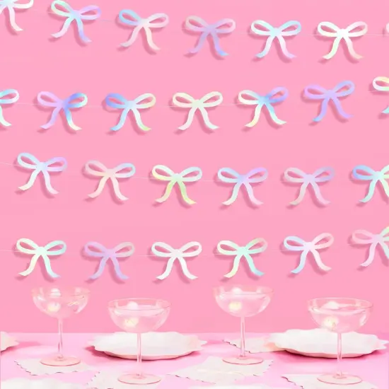 Iridescent Bow Hanging Garland - 4 pcs, 12' | Bachelorette Decorations, Tying The Knot Bride Bach Decor, Birthday Party Favor, Baby Shower Supplies, Coquette Photobooth Backdrop {1}