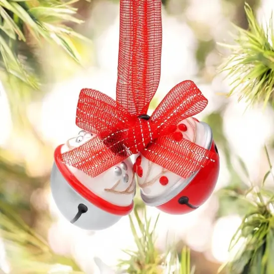 Ceramic White and Red Christmas Tree Ornament Bells with Red Ribbon, Christmas Decor {2}