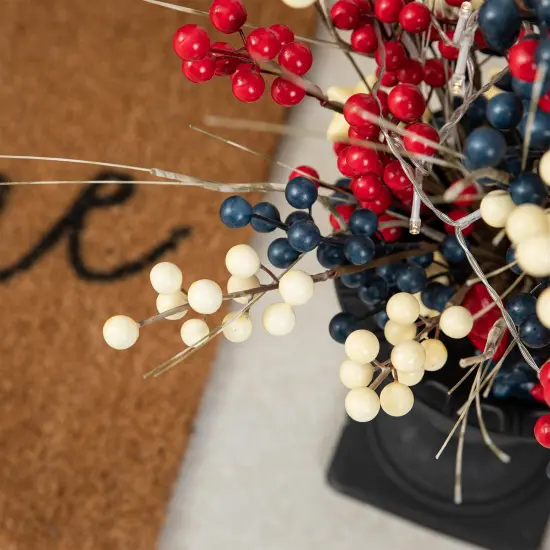 Set of 2 36"H Patriotic / Americana Lighted Berry and Stars Urn Porch Trees, 20 Warm White Lights with timer {5}