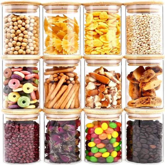 Glass Food Storage Jars, Glass Jars with Bamboo Lids, Kitchen Storage Jars, Set of 12, Canisters with Airtight Lids for Spice, Coffee, Cookie, Pantry Organizers {1}