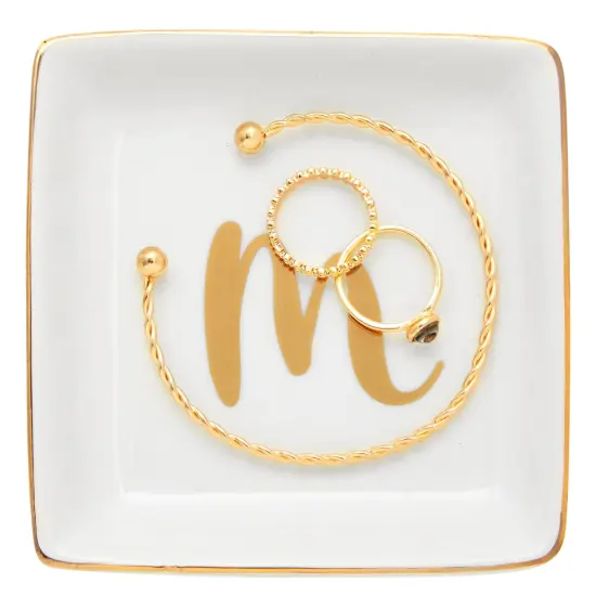 Monogrammed Letter M Ring Tray for Gifts, Personalized Jewelry Dish for Earrings, Necklaces, Bracelets (4x4 in) White {6}