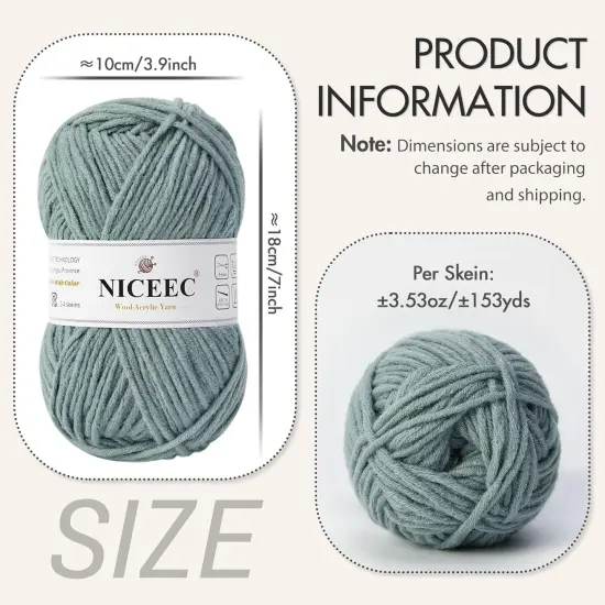 1 Skein Soft Wool-Acrylic Yarn for Knitting Worsted Weight Yarn Quality Yarn for DIY Craft Wool Blend Yarn for Crochet Blanket Yarn(3.53oz,153yds)-Pale Grayish Green {2}