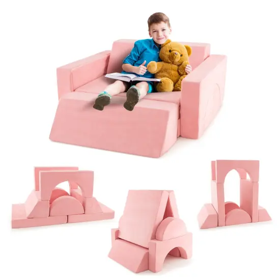 Suede Fabric Kids Modular Play Sofa and 8-Piece Play Couch with Soft Foam Pink {8}