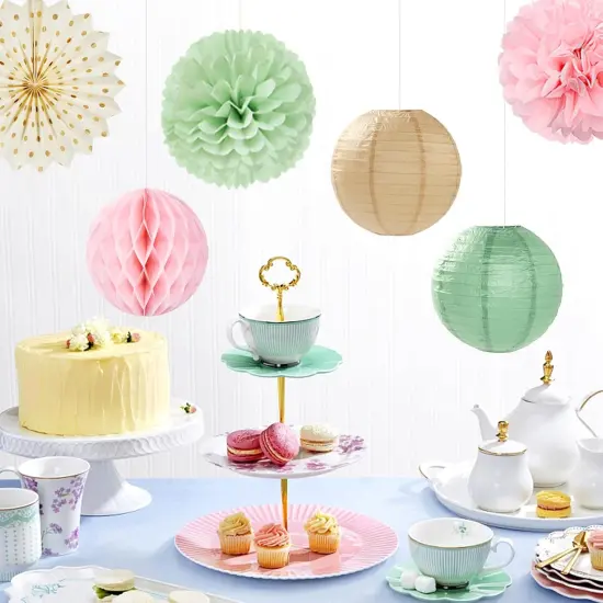 Sage-Green Pink-Champagne Party-Decorations Streamers Lanterns - 14pcs Neutral Baby Shower Paper Fan,Tissue Pom Poms,Honeycomb Balls,Boho Wedding Engagement Bachelorette Birthday Bridal Decor Ouruola {5}