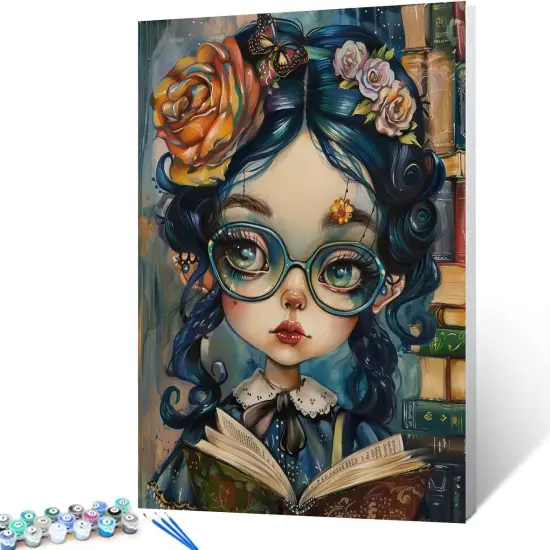 Cute Girl Wearing Glasses DIY Paint by Numbers,Student Reading Book Oil Canvas Painting Kit for Kids & Adults,16X20 inches Graffitic Library Scene Paintwork Acrylic Pigment,Home Decor(Frameless) {1}