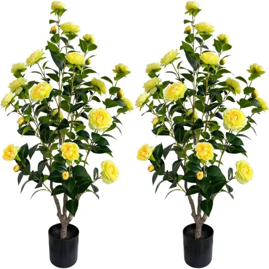 Artificial Camellia Tree 3.4ft Fake Trees pseudophyte (2, Yellow) {1}