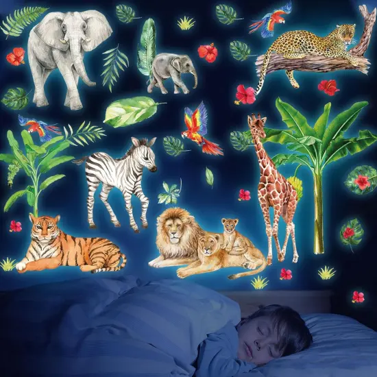 Glow in The Dark Jungle Animals Wall Decals,Glowing Luminous Safari Animals Wall Stickers Removable self-Adhesive Forest Tiger Elephant Palm Trees Decals for Boys Girls Bedroom Kids Nursery Decoration {1}