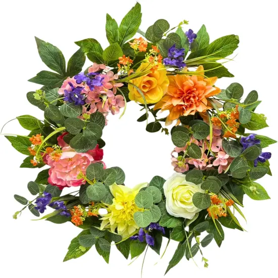 22 Inch Lighted Summer Floral Wreath for Front Door,Dahlia Pinnata, Roses, Eucalyptus Leaves, Peony, Mixed Flowers,Artificial Wreath for Front Door Summer Outdoor Home Decor {1}